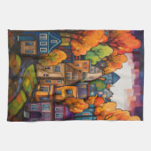Kleurrijke huizen en bomen in de herfst theedoek (Horizontaal)