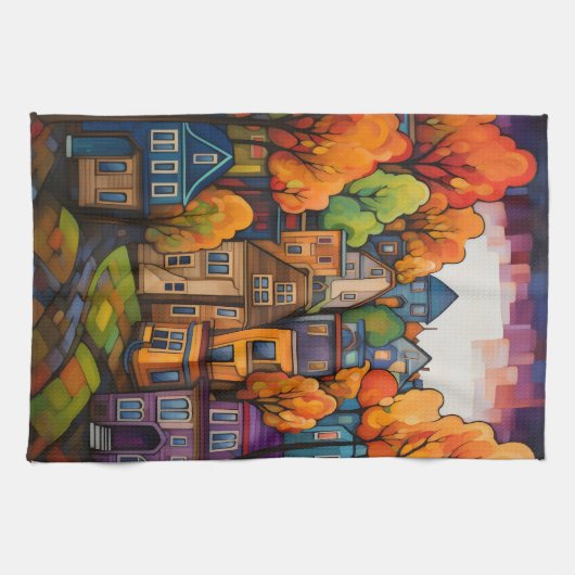 Kleurrijke huizen en bomen in de herfst theedoek (Horizontaal)