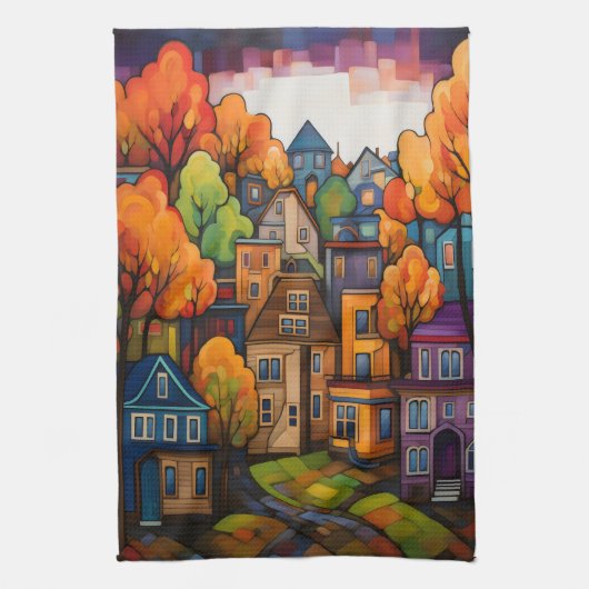 Kleurrijke huizen en bomen in de herfst theedoek (Verticaal)