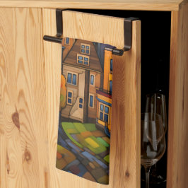 Kleurrijke huizen en bomen in de herfst theedoek