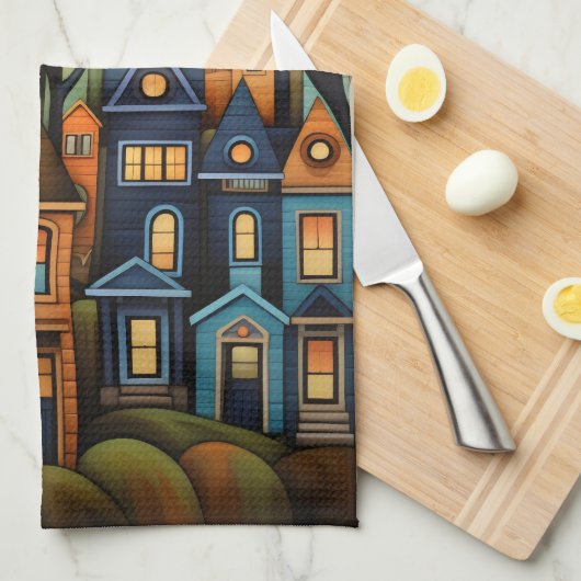 Kleurrijke huizen en bomen in de herfst theedoek (Quarter Fold)