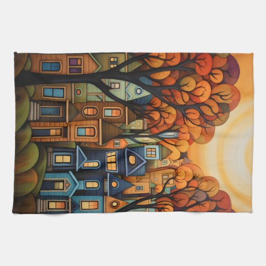 Kleurrijke huizen en bomen in de herfst theedoek (Horizontaal)