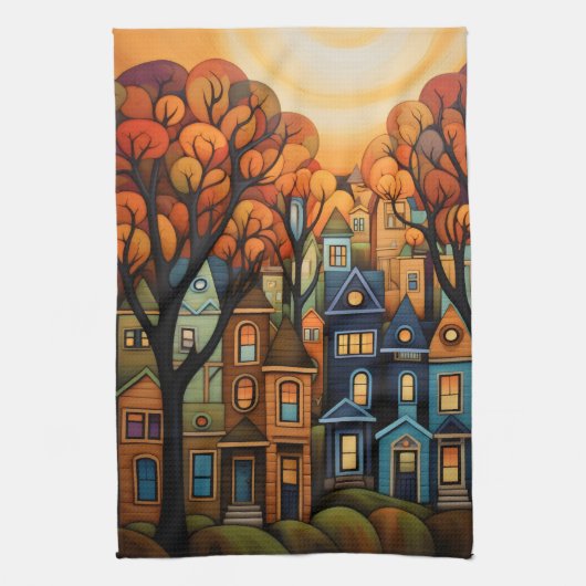 Kleurrijke huizen en bomen in de herfst theedoek (Verticaal)