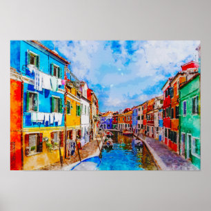 Kleurrijke huizen op Burano, Venetië, Italië. Poster