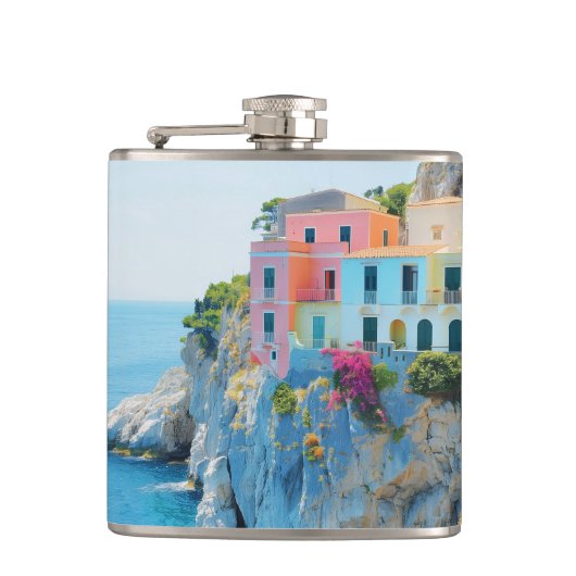 Kleurrijke huizen op een klif bij het zee heupfles (Voorkant)