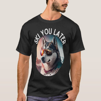 Kleurrijke husky die een skibril draagt op de skip t-shirt