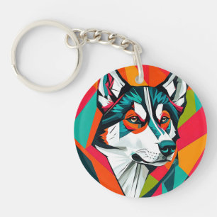 Kleurrijke husky hond sleutelhanger