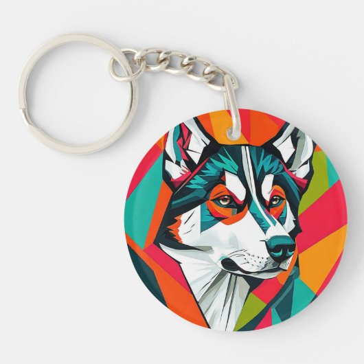 Kleurrijke husky hond sleutelhanger (Voorkant)