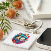 Kleurrijke Husky hondenhoofd Levendige Husky liefh Sleutelhanger (Voorkant Rechts)