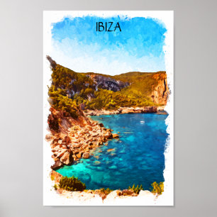 Kleurrijke Ibiza Spanje Waterverf Landschap Poster