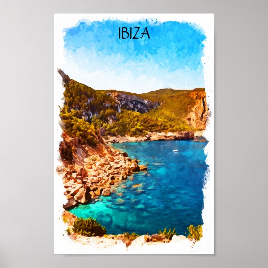Kleurrijke Ibiza Spanje Waterverf Landschap Poster (Voorkant)
