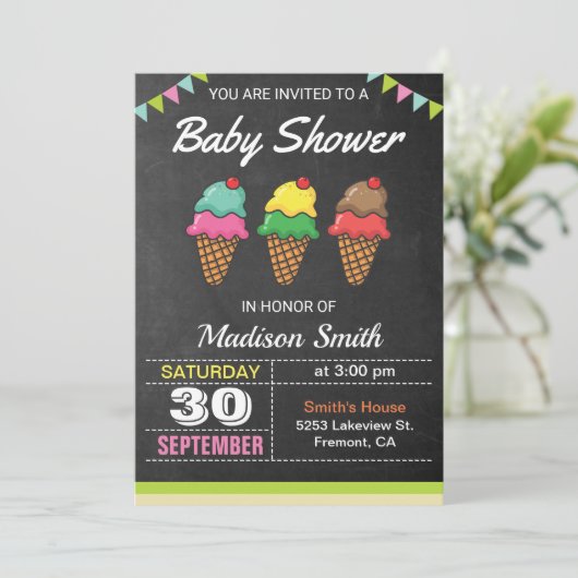 Kleurrijke Ice Cream Baby shower Uitnodiging (Staand voorkant)