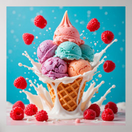 Kleurrijke Ice Cream Cone met Splashing Milk Poster
