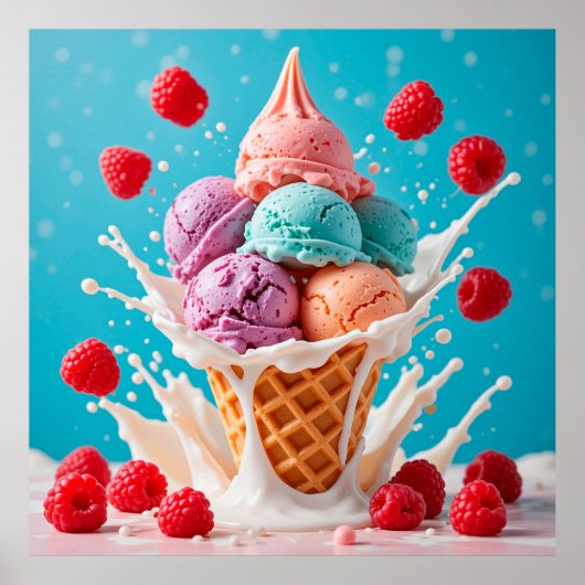 Kleurrijke Ice Cream Cone met Splashing Milk Poster (Voorkant)