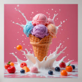 Kleurrijke Ice Cream Cone met Splashing Milk Poster (Voorkant)