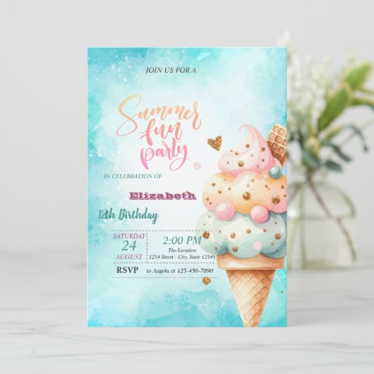 Kleurrijke Ice Cream Cone Zomer Verjaardagsfeest Kaart (Staand voorkant)