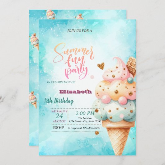 Kleurrijke Ice Cream Cone Zomer Verjaardagsfeest Kaart (Voorkant / Achterkant)