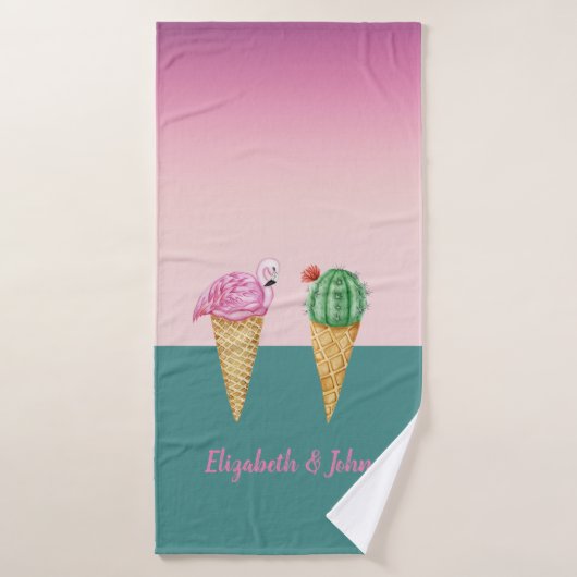 Kleurrijke Ice Cream Cones Cactus Roze Flamingo's Badhanddoek (Badhanddoek)