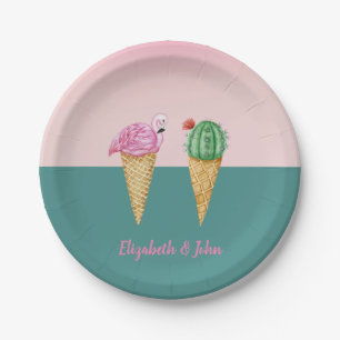 Kleurrijke Ice Cream Cones Cactus Roze Flamingo's Papieren Bordje
