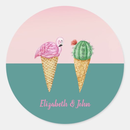 Kleurrijke Ice Cream Cones Cactus Roze Flamingo's Ronde Sticker (Voorkant)