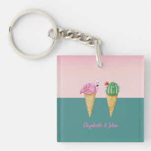 Kleurrijke Ice Cream Cones Cactus Roze Flamingo's Sleutelhanger