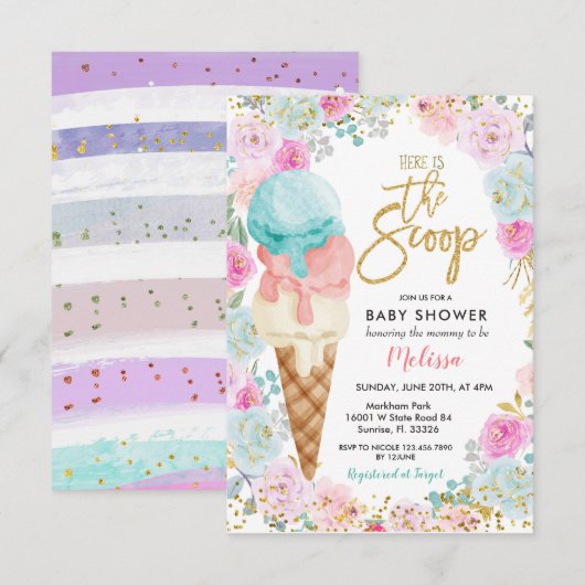Kleurrijke Ice Cream Pastel Flowers Baby shower Kaart (Voorkant / Achterkant)
