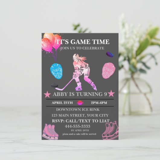 Kleurrijke Ice Hockey Verjaardag thema uitnodiging (Staand voorkant)