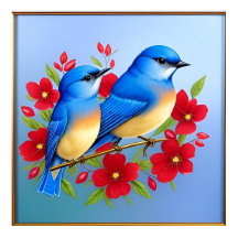 Kleurrijke ijsvogels zitten tussen rode bloemen