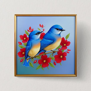 Kleurrijke ijsvogels zitten tussen rode bloemen vierkante button 5,1 cm