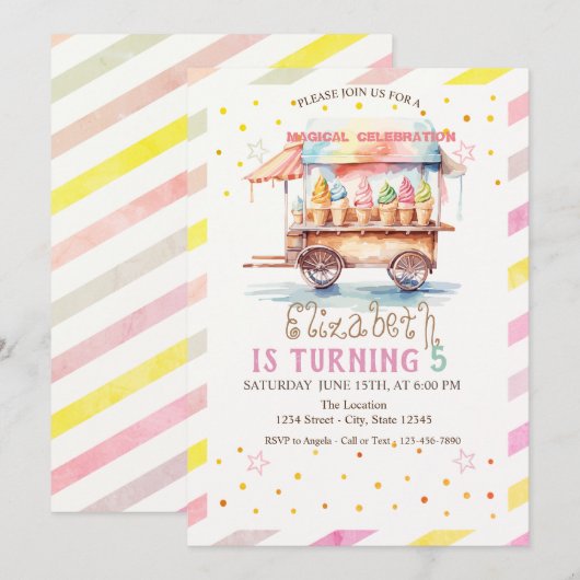 Kleurrijke ijswagen Gestreepte Verjaardag Kaart (Voorkant / Achterkant)