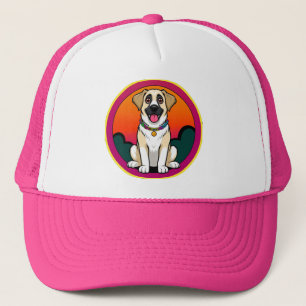 Kleurrijke illustratie van een lachende hond trucker pet