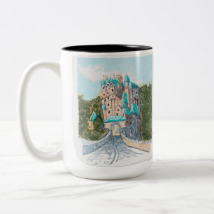 Kleurrijke Illustratie van Kasteel Tweekleurige Koffiemok
