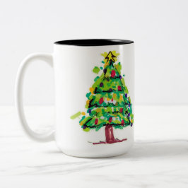 Kleurrijke Illustratie van Kerstboom Tweekleurige Koffiemok