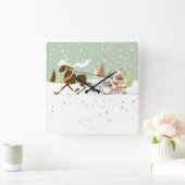 Kleurrijke illustratie van Kerstman en rendier Vierkante Klok (Huis)