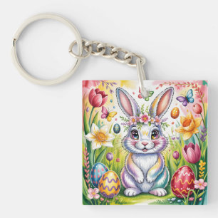 Kleurrijke illustratie van paashaas met kroon sleutelhanger