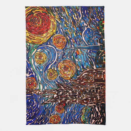 Kleurrijke illustratie van Sterrennacht Kitchen To Theedoek (Verticaal)
