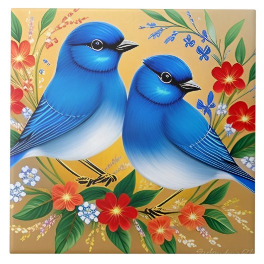 Kleurrijke illustratie van twee blauwe vogels tegeltje (Voorkant)