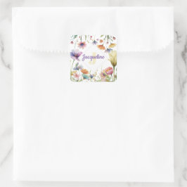 Kleurrijke Illustratie van Wilde Bloemen met Monog Vierkante Sticker