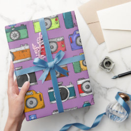 Kleurrijke illustraties Paarse achtergrondcamera's Cadeaupapier