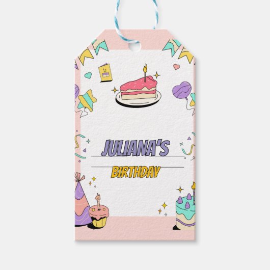 Kleurrijke illustratieve verjaardagsfeestuitnodigi cadeaulabel (Voorkant)