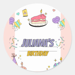 Kleurrijke illustratieve verjaardagsfeestuitnodigi ronde sticker