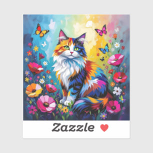 Kleurrijke Impasto Kat, Bloemen en Vlinders Sticker
