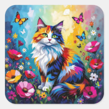 Kleurrijke Impasto Kat, Bloemen en Vlinders