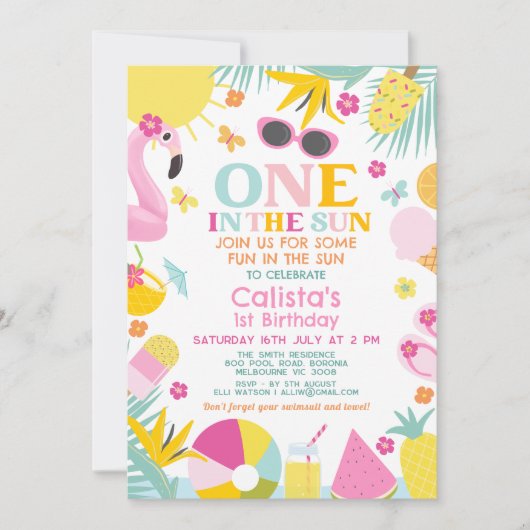 Kleurrijke in de zon zwembad feest 1e verjaardag kaart (Voorkant)