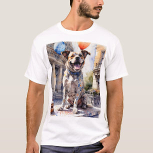 Kleurrijke in het oog springende gelukkige hond t-shirt