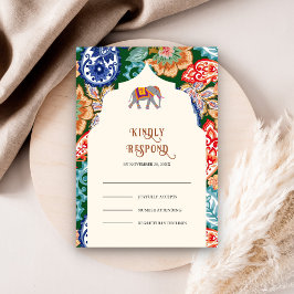 Kleurrijke Indiase volskunst Olifant Crème Bruilof RSVP Kaartje