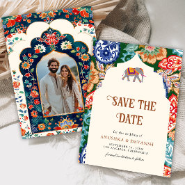 Kleurrijke Indiase volskunst Olifant Crème Bruilof Save The Date