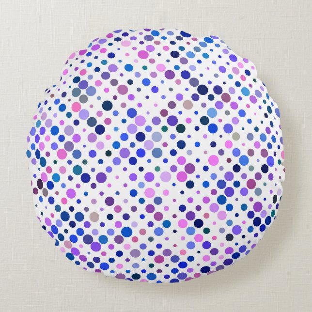 Kleurrijke, Indigo, Paarse & Blauwe Stippen Rond Kussen (Voorkant)