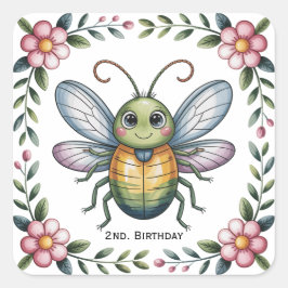Kleurrijke insectenbeestjes 2e. verjaardagsfeestje vierkante sticker