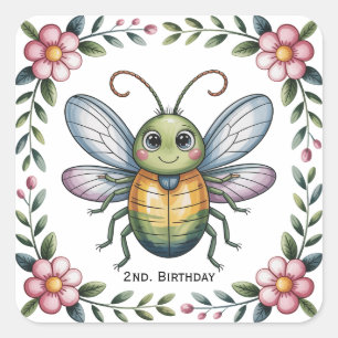 Kleurrijke insectenbeestjes 2e. verjaardagsfeestje vierkante sticker